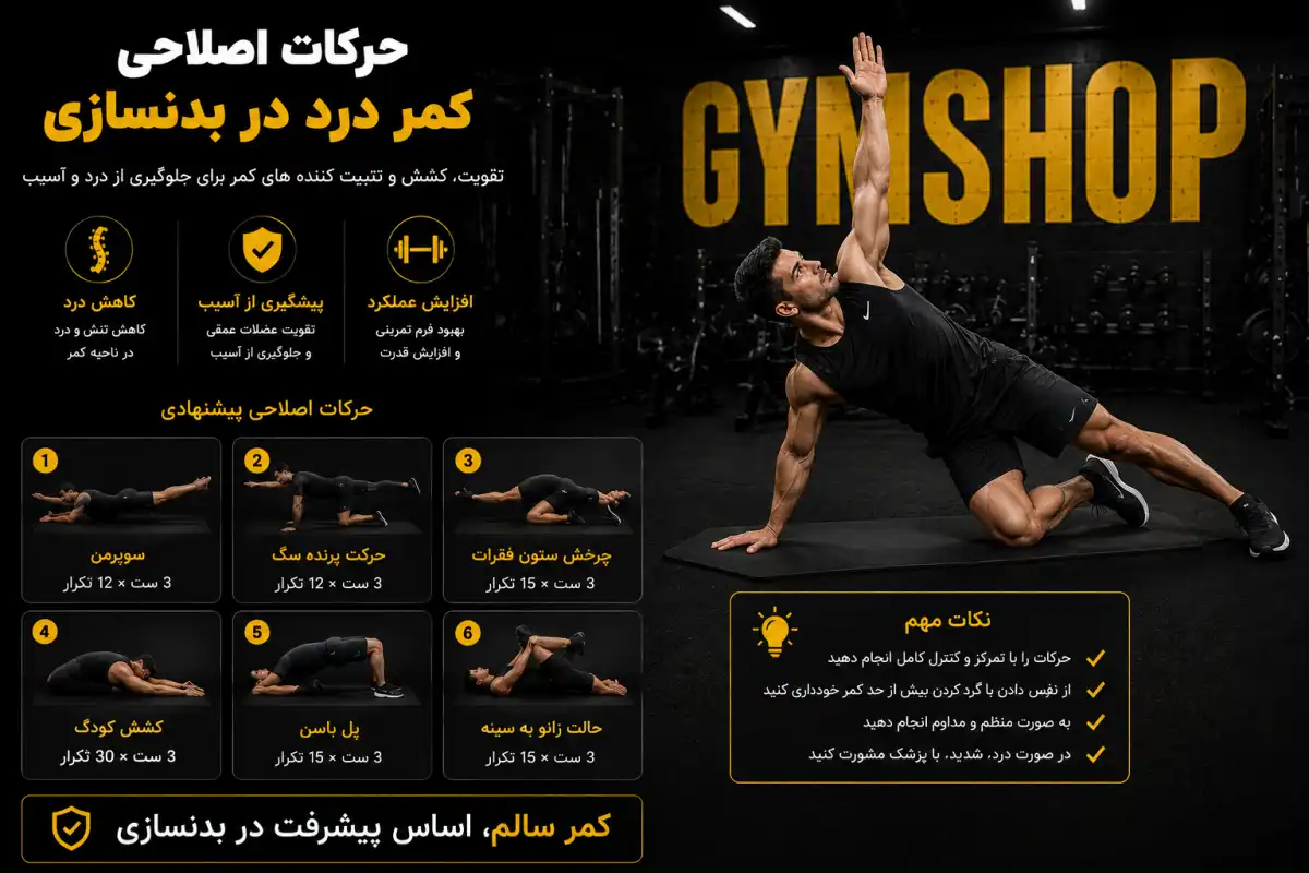 حرکات اصلاحی کمر درد در بدنسازی-برنامه تمرینی بدنسازی برای دسک کمر-جیم شاپ مرجع تخصصی مکمل بدنسازی