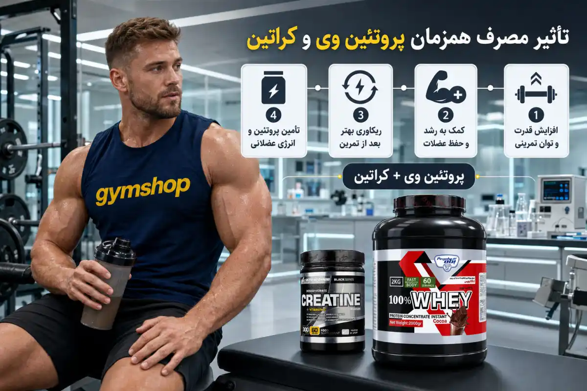 تاثیر مصرف همزمان مکمل پروتئین وی و کراتین-فواید مصرف پروتئین وی و کراتین باهم-جیم شاپ