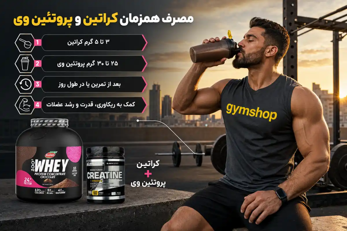 مصرف همزمان کراتین و پروتئین وی-نحوه مصرف کراتین و پروتئین وی باهم-جیم شاپ