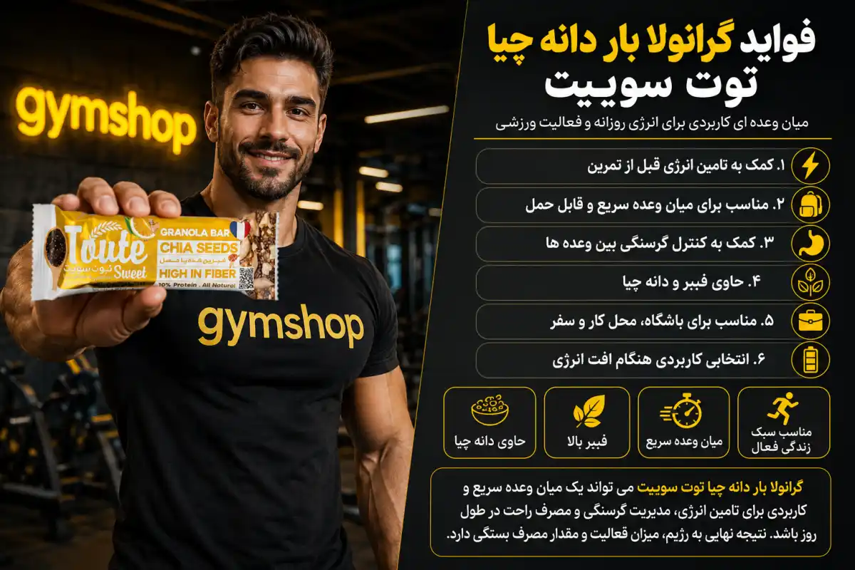 فواید گرانولا بار دانه چیا توت سوییت-انرژی بار سوفیت-جیم شاپ